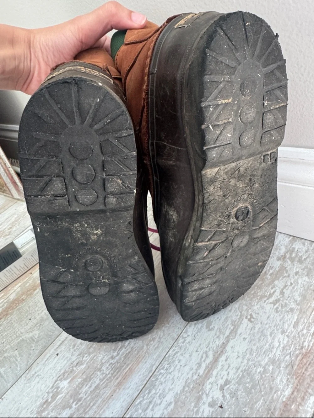 L.L. Bean Cushion Top Bean Boots  Brown leather with green canvas accents